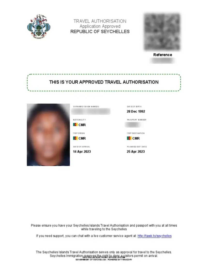 Sample approved Seychelles Travel Authorisation